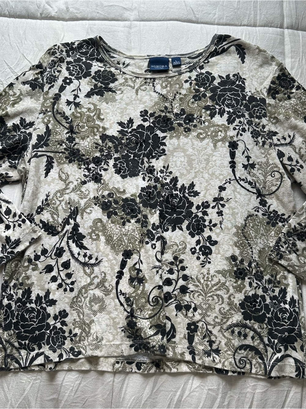 Sonoma Cream Long-Sleeve Floral Crewneck Top with Black Print
